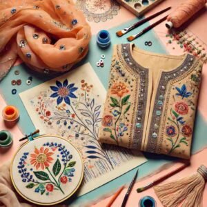 A creative photo featuring a plain dupatta with added embellishments and a hand-painted kurta as a unique Eid dress for woman.