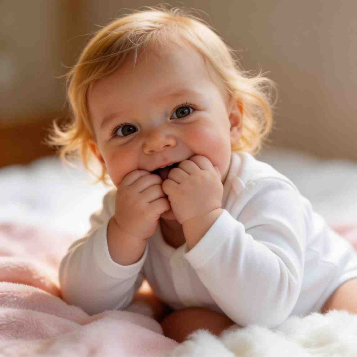 Playful baby girl hands in mouth curious eyes