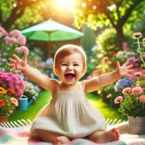 A baby girl laughing with outstretched arms in a vibrant garden.