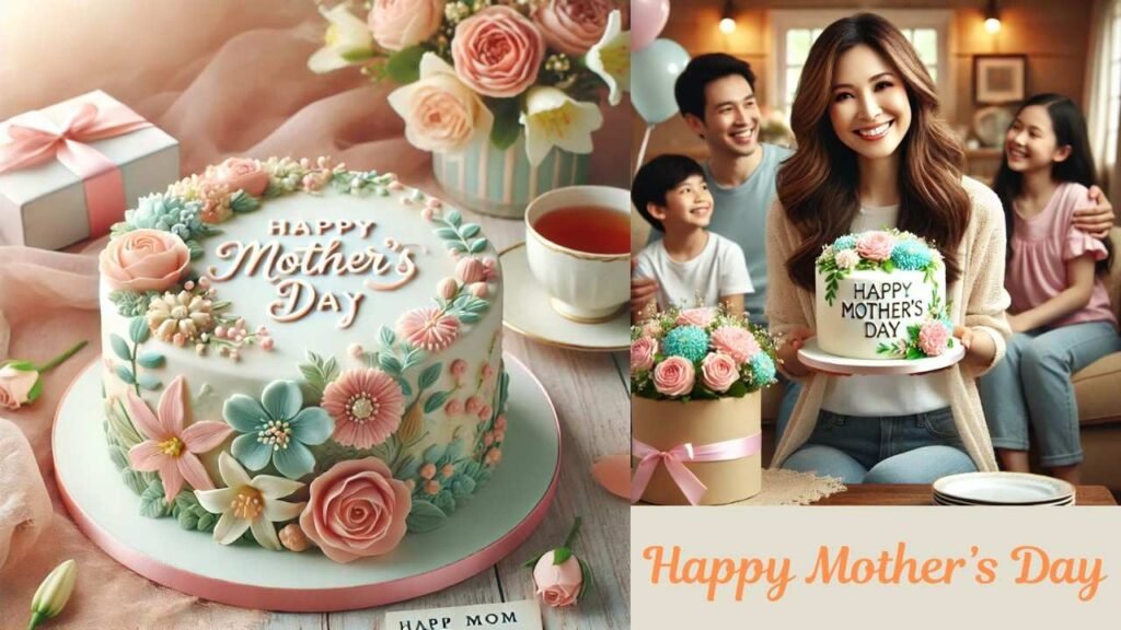 A happy Mothers Day cake with pastel floral decorations