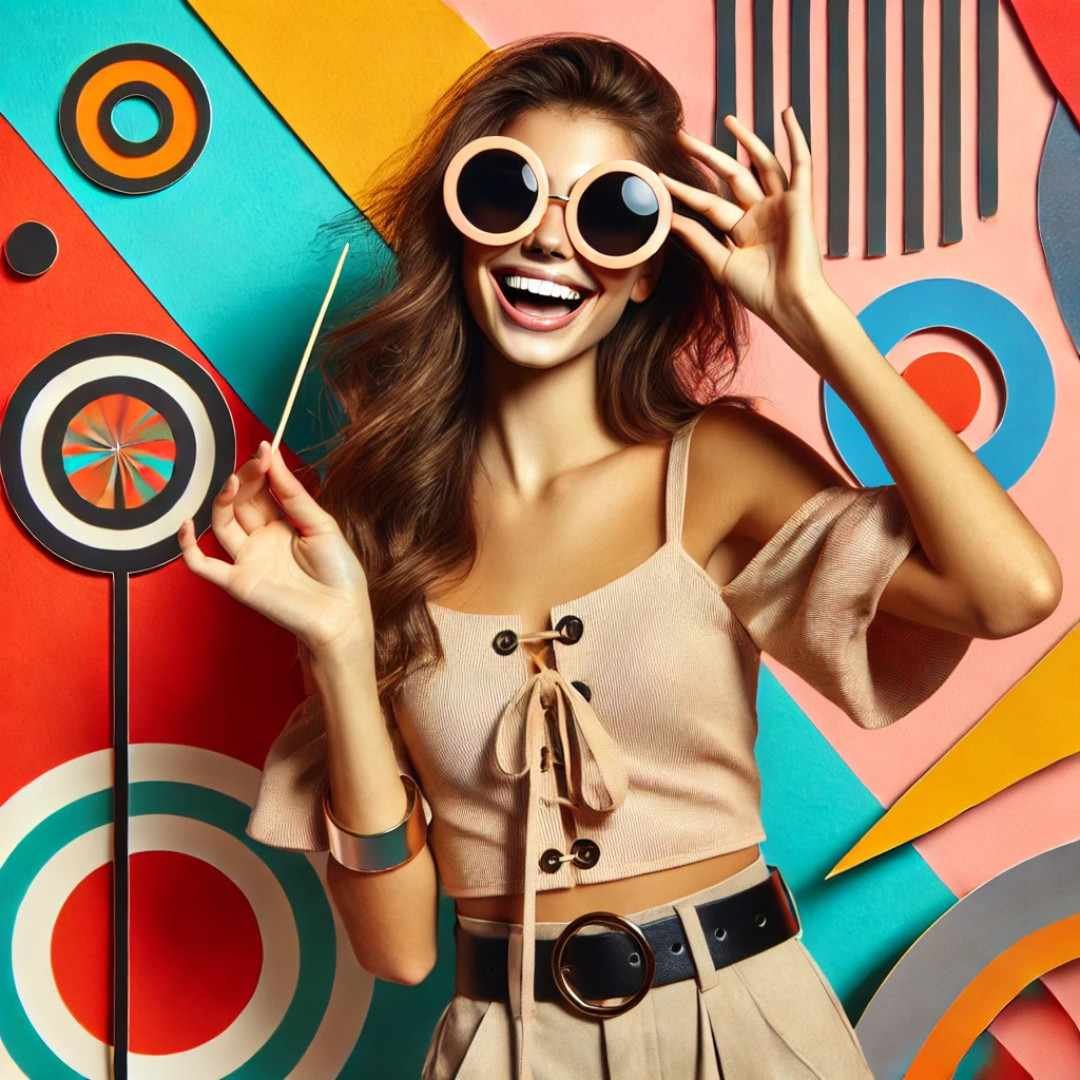 A girl in a casual outfit with oversized sunglasses, posing against a colorful background.