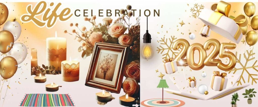 Decorative celebration setup with candles, flowers, gifts, and golden 2025 balloons.