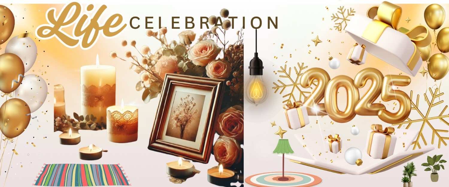 Decorative celebration setup with candles, flowers, gifts, and golden 2025 balloons.