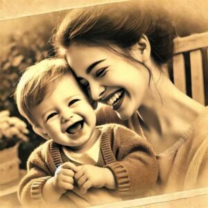 Nostalgic Maa DP for WhatsApp with a sepia-toned photo of a mother and child laughing.