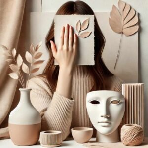 A woman hiding her face behind a book with soft neutral-colored decor, creating a calm and aesthetic vibe, perfect for WhatsApp DP.