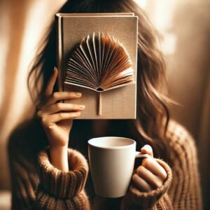 A woman with a hidden face holding a book and a cup, creating an elegant and cozy atmosphere, ideal for WhatsApp DP.