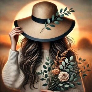 A woman holding a bouquet of flowers and wearing a hat, with her face hidden, against a beautiful sunset background, perfect for WhatsApp DP.