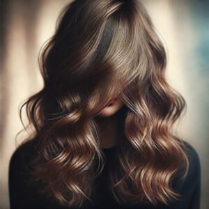 A woman with long, wavy hair covering her face, creating a hidden face effect, perfect for WhatsApp DP.