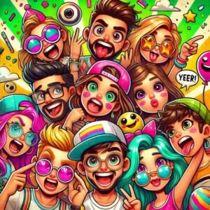 WhatsApp group DP for friends with fun cartoon-style caricatures and quirky details.