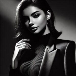 A confident woman in a leather jacket with dramatic lighting in black and white.