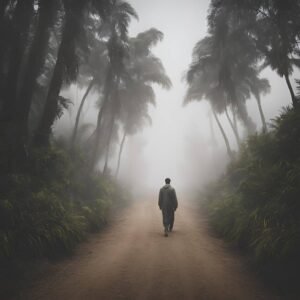 A person walking alone on a foggy path, reflecting solitude and suitable for sad WhatsApp DP for girls