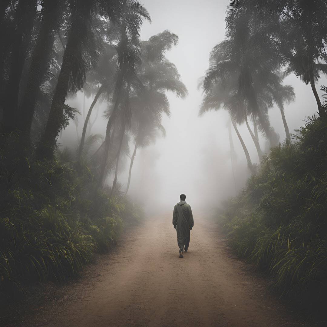 A person walking alone on a foggy path, reflecting solitude and suitable for sad WhatsApp DP for girls