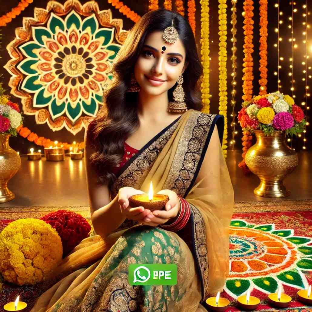 A woman in Indian traditional dress holding a glowing diya amidst vibrant festive decorations.