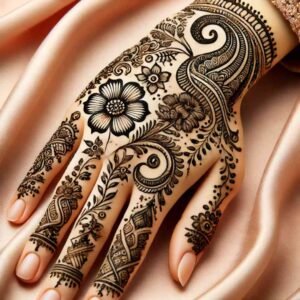 A flowing Arabic mehndi design with floral and paisley motifs, leaving clean spaces for a bold and elegant Eid style.