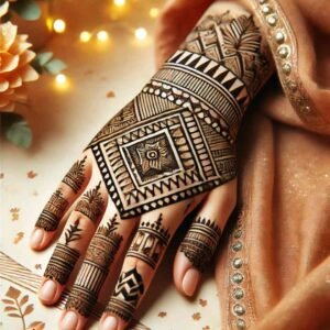 Intricate mehndi design on a woman's hand with geometric patterns