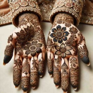 wo hands adorned with intricate and detailed mehndi designs, showcasing floral and geometric patterns.