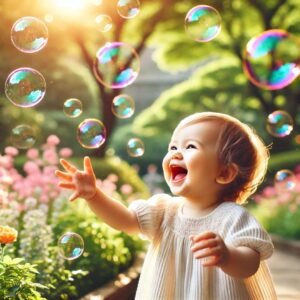 A baby girl playing with soap bubbles outdoors, laughing joyfully.