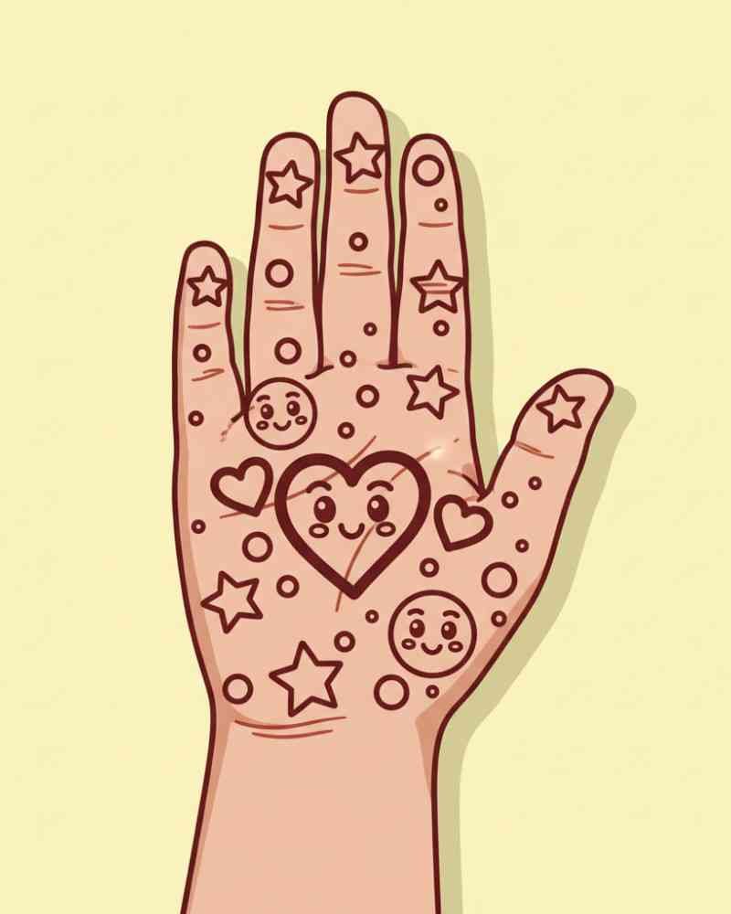 Cartoon-style front hand mehndi with hearts and stars for kids Eid celebration