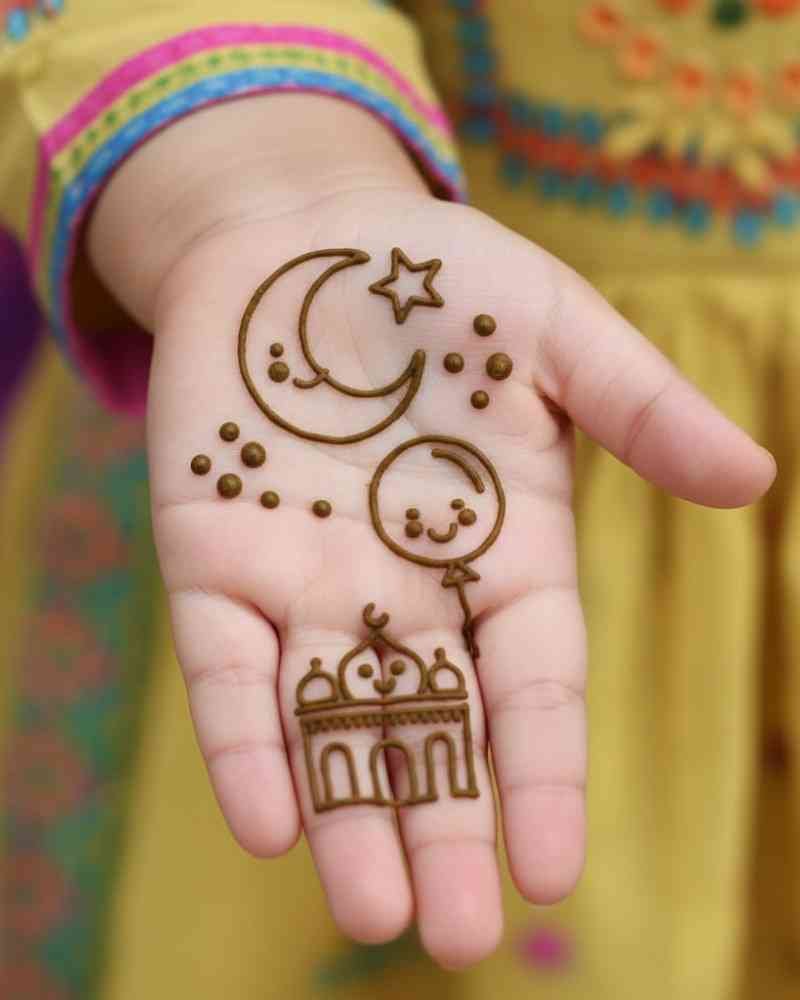 Moon, star and mosque mehndi design on front hand for kids Eid