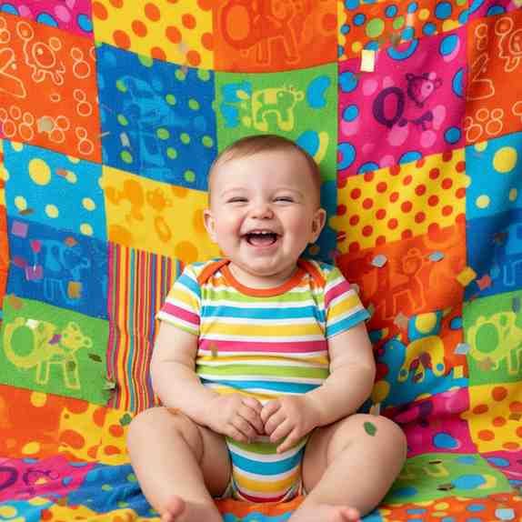 Laughing happy baby girl on colorful blanket