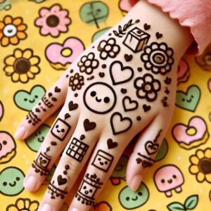 A hand decorated with playful and cute mehndi designs featuring smiley faces, hearts, and flowers, perfect for children.