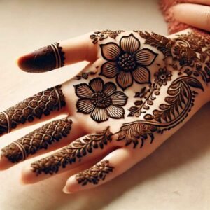 A  hand decorated with an elegant and intricate floral mehndi design, featuring flowers and vines.