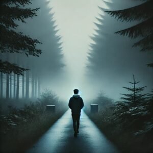 A person walking alone on a foggy path, reflecting solitude and suitable for sad WhatsApp DP for girls