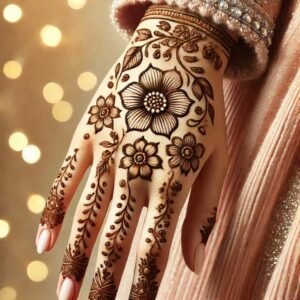 A hand adorned with a beautiful floral mehndi design featuring flowers and delicate patterns.