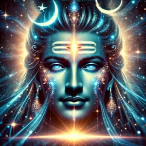 A cosmic image of Lord Shiva’s face, radiating divine energy with stars and celestial elements, ideal for a powerful Mahadev WhatsApp DP.