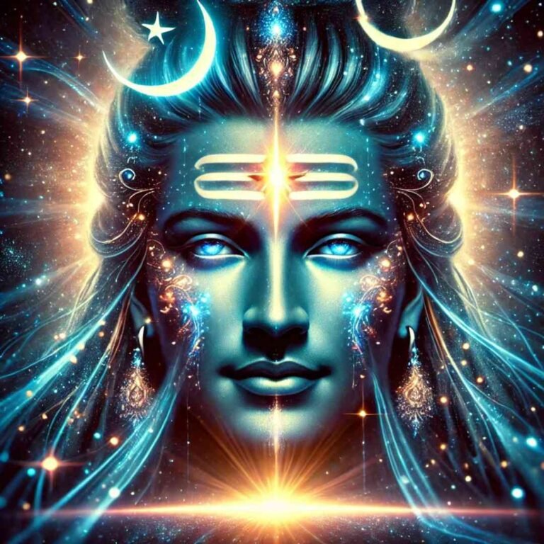 A cosmic image of Lord Shiva’s face, radiating divine energy with stars and celestial elements, ideal for a powerful Mahadev WhatsApp DP.
