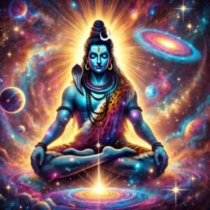 Artistic Mahadev DP with Lord Shiva surrounded by cosmic elements like stars and galaxies.