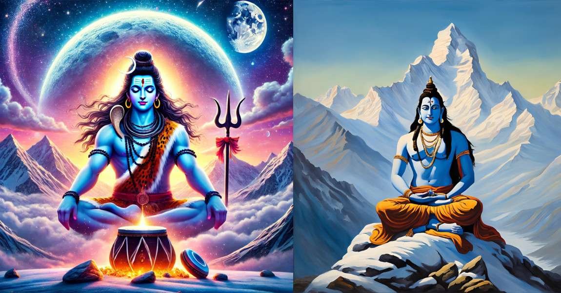 Mahadev DP for WhatsApp featuring Lord Shiva meditating on a Himalayan peak with a cosmic background