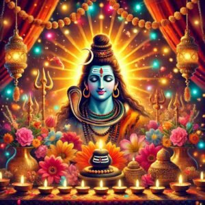 Colorful Mahadev DP with Rudraksha beads, lights, and flowers for festive celebrations.