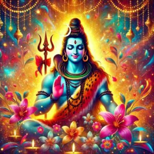 Lord Shiva seated amidst flowers and lamps, radiating divine light, ideal for a spiritual and devotional Mahadev WhatsApp DP