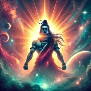 Inspiring Mahadev DP of Lord Shiva standing tall with a cosmic sunrise background.