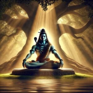 Peaceful Mahadev DP featuring Lord Shiva meditating by a tranquil river