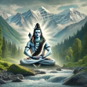 Lord Shiva meditating by a mountain stream, radiating divine light, perfect for a peaceful Mahadev WhatsApp DP.