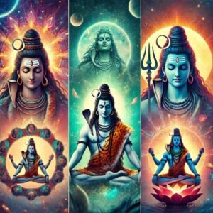 A multi-image depiction of Lord Shiva in different cosmic forms, showcasing his divine power, ideal for a powerful Mahadev WhatsApp DP.
