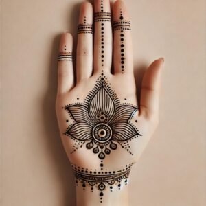 A hand decorated with a lotus flower mehndi design featuring intricate patterns and dots.