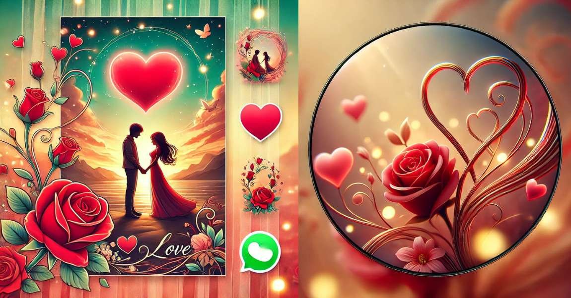 Cute sweet love DP for WhatsApp featuring romantic hearts and glowing red rose.