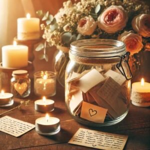 A jar filled with love notes surrounded by candles and floral arrangements.