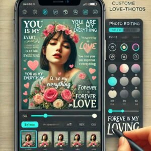 Screenshot of a photo editing app with romantic quotes added to a love-themed photo.