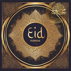Luxurious Eid Mubarak greeting with golden circular pattern on black background