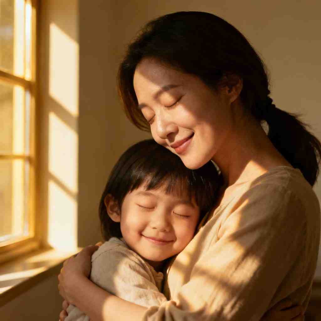 emotional mother and child hug near window with soft light — maa dp for whatsapp