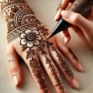 A hand being decorated with mehndi, with intricate floral and geometric patterns in progress.