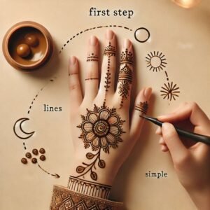 Step 1 of mehndi application: A hand with basic shapes drawn to begin the design process for Eid.
