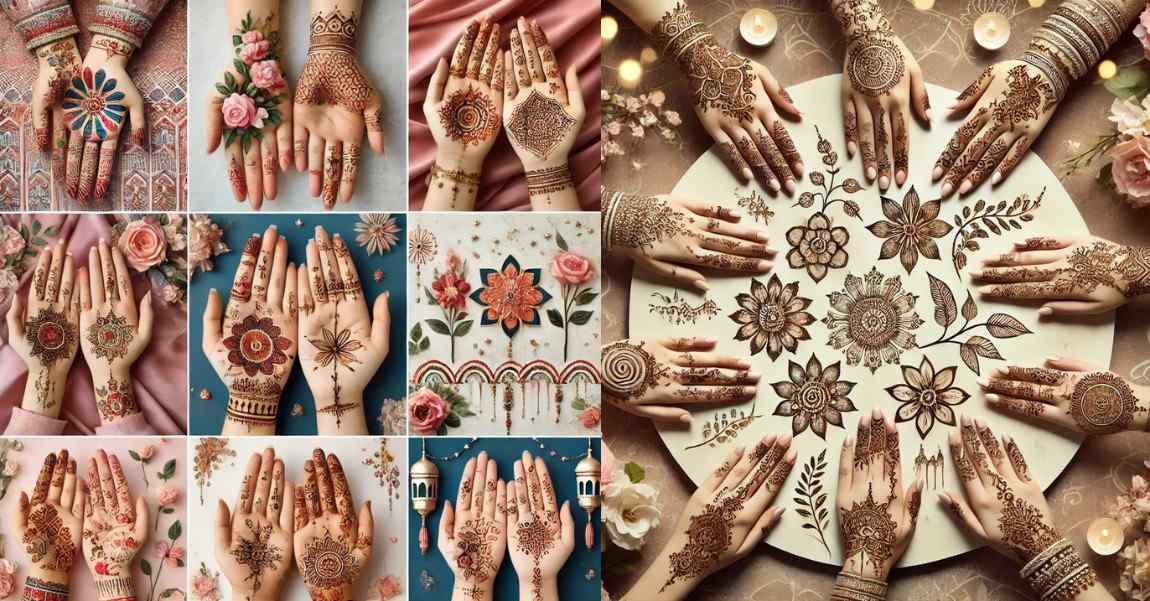 A vibrant collage showcasing simple mehndi designs for Eid, including floral, tikki, and geometric patterns, perfect for festive celebrations.