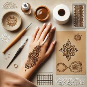 Flat-lay of mehndi tools including a cone, tissue paper, and stencil, with a partially completed simple mehndi design for Eid