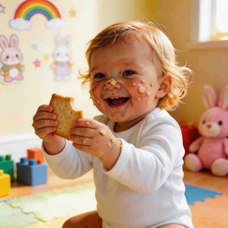 Messy snack playful baby girl grinning
