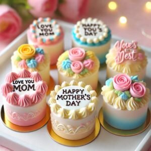Mini Mother’s Day cakes with messages.